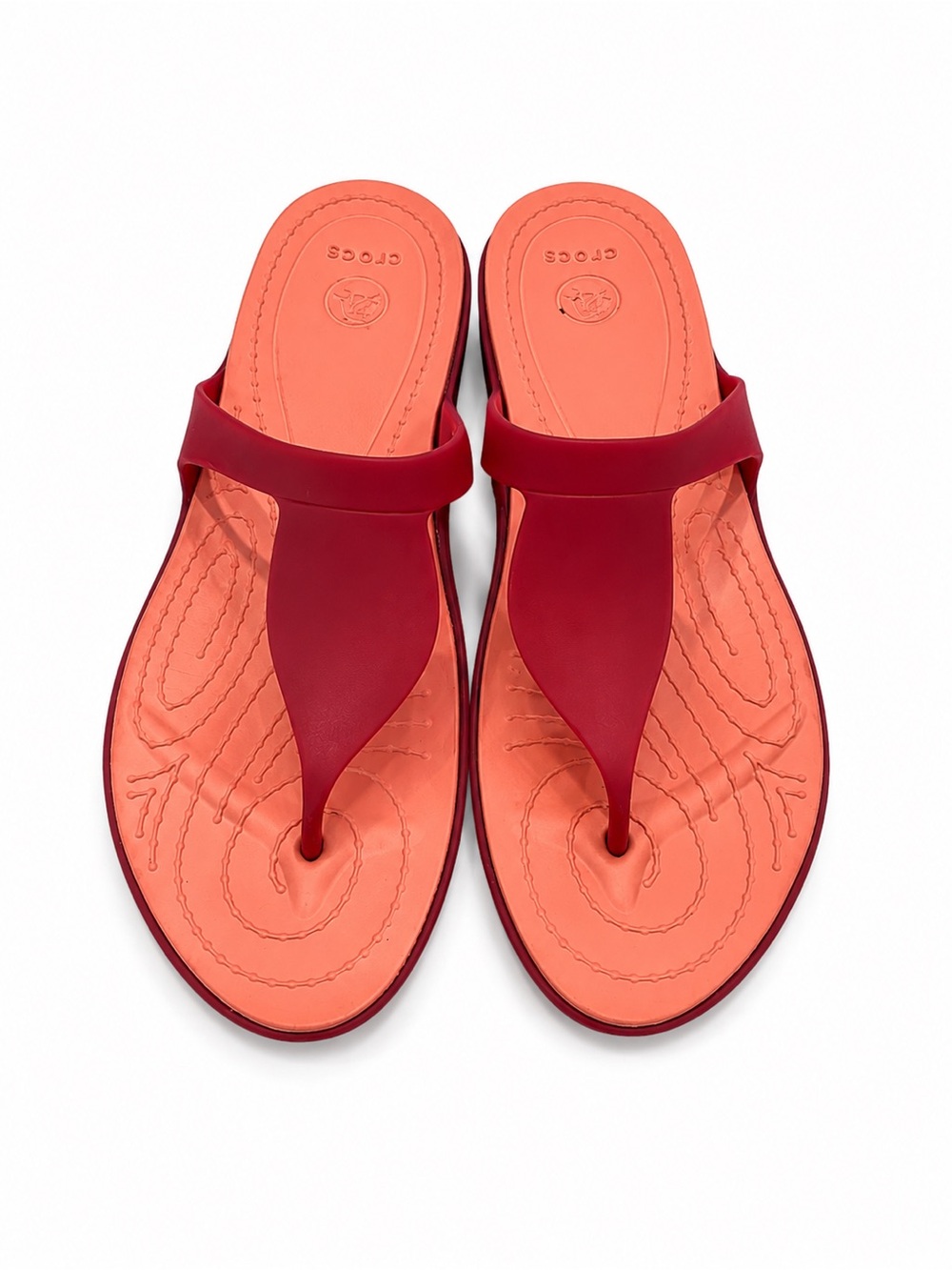 CROCS Women’s Red and Coral T-strap Flip Sandals